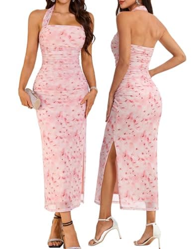 Image of DRESSTELLS Floral Cocktail Dresses for Wedding Guest, 2026 Spring Formal Evening Party Prom Mother of The Bride Beach Elegant Bodycon Halter Maxi Dress Pink Floral XL