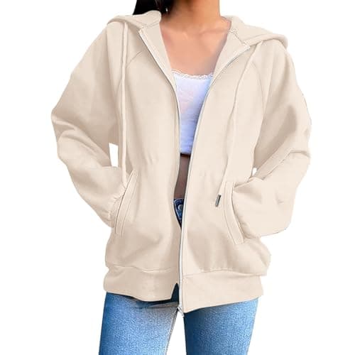 Image of Fashion Hoodies Vintage Zipper Oversized Loose Fit Hoodies Women Long Sleeve Solid Jackets Soft Outdoor Sweatshirt
