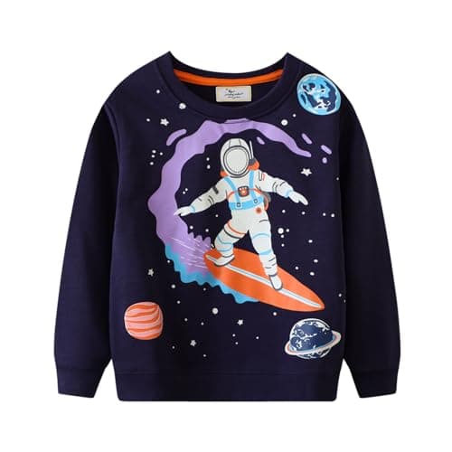 Image of QHKEPW Kids Jumper Astronaut 3-4 Years Boys Sweatshirt Toddler Top Long Sleeve Round Neck Cotton Casual Clothes T Shirt Blue