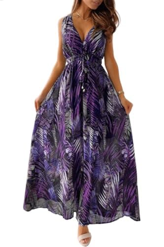 Image of CheChury Women Maxi Dress Summer Sleeveless V-Neck Floral Casual Long Dress Beach Boho Style Deep V Back Sundress Flowy Dresses,Purple-2,XXL