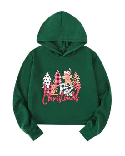 Image of BOVOSHA Girls Christmas Hoodies for Kids Christmas Crop Top Xmas Tree Pullover Letter Holiday Hooded Sweatshirt(Green, 10-12T)