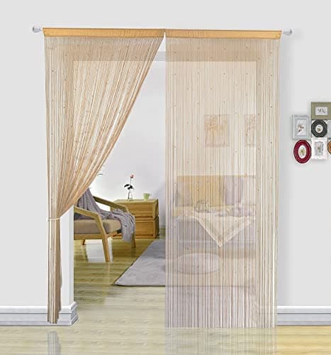 Image of HSYLYM String Curtains Spaghetti Door Beads Light Weight Colourful Dense Bead Curtains for Room Decor,Beige,90x200cm