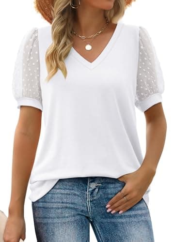 Image of Aokosor T Shirts for Women V Neck Tops Ladies Swiss Dot Puff Sleeve Summer Tee White Size 14-16