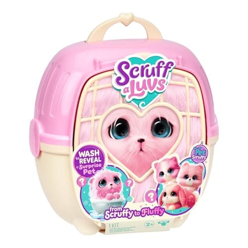 Image of ScruffaLuvs Pet Scruffs - Kitty - Mystery Plush Toy, 19cm Tall - Rescue, Wash, Reveal, and Adopt a Purple Kitty - Includes 22cm Deluxe Pet Carrier, Nurturing, Care & Play, Gift for Kids