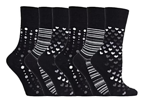 Image of Diabetic Socks for Womens 6 Pairs, CUTE PATTERN Gentle Grip Ladies Sock with COMFORT Top, Womens Diabetic Socks size 4-7 UK (UK, Alpha, One Size, Regular, Regular, HDS-Mixed Black)
