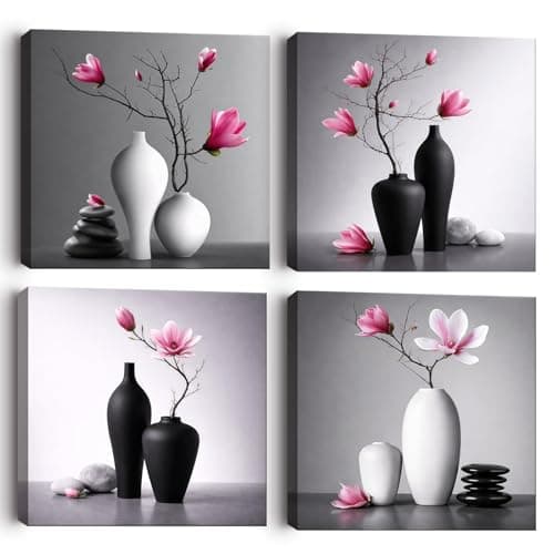 Image of Alptiny Canvas Wall Art Set of 4, Framed Floral Vase Wall Art Prints, Pink Magnolia Flower Picture Canvas Artwork, Black White Botanical Decor for Living Room Bedroom Decor 30x30cm
