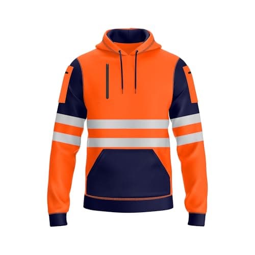 Image of NOROZE Mens Hi Vis Hoodie with Reflective Tape, Pullover High Vis Hoodie for Safety Workwear– 4 Utility Zipped Pockets, Work Hoodies for Men, High Visibility Hooded (L, Style 4: Neon orange/Navy)