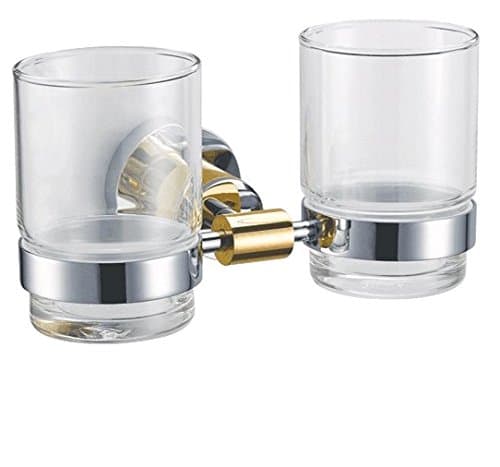Image of VIBORG Luxury Brass Wall Mounted Double Toothbrush Cup Tumbler Holder with 2 Tempered Glass Toothbrush Cups, Chrome + 24K Gold, (Double toothbrush cup with holder)