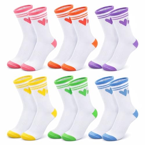 Image of Zuimei 6 Pairs Kids Socks Junior Cotton School Sports Socks, Crew Athletic Sock with Retro Stripes Hearts, Casual Stretchy Sock for Girls and Boys 6-9 Years(Hearts Stripes-O)