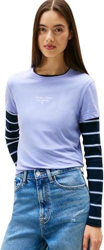 Image of Tommy Jeans Women's Tjw Slim Ess Logo 1 Tee Ext Dw0Dw21542 S/S T-Shirt, Blue (Vintage Iris), S
