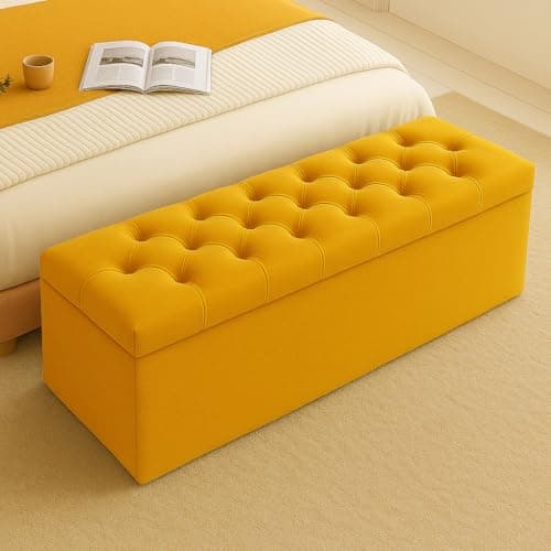 Image of 90cm Wide Ottoman Storage Box, Chesterfield Upholstered Coffee Table, End of Bed Bench, Plush Velvet Blanket Box, Ottoman Footstool, Shoe Bench with Storage (Mustard Gold Velvet)