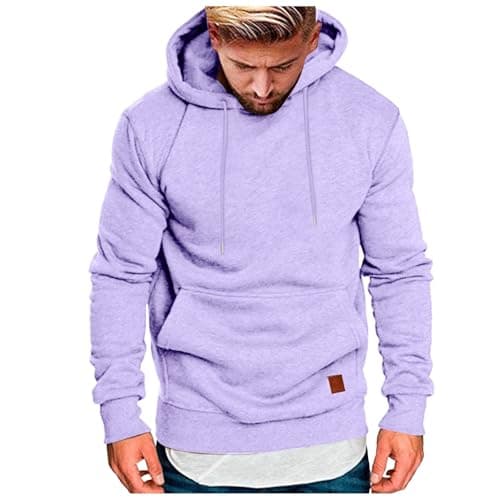 Image of Generisch Men's Pullover with Black Drawstring Pocket Leather Label Casual Business Hoodie Comfortable Loose Trendy Hoodie Sweatshirt Men, purple, L