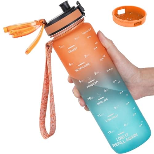 Image of GOPPUS 1L/32oz Tritan Water Bottle (No Straw)-Soft Matte Finish Drink Bottle with Measurements Bottles with Lockable Flip Top Motivational Bottles with Time Marks for Adults BPA Free (Orange Green)