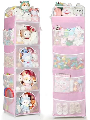 Image of AXHOP Toy Storage, 42x42x162cm Teddy Storage, 5-Tier & 8 Side Pockets Toy Box, Kids Storage Unit for Bedroom & Playroom, Pink