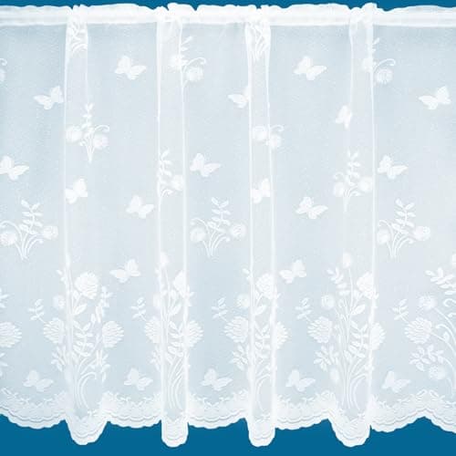 Image of Country Garden Butterfly Floral Trailing Leaf Pattern Net Curtains In White - Sold By The Metre (Drop: 107cm (42"))