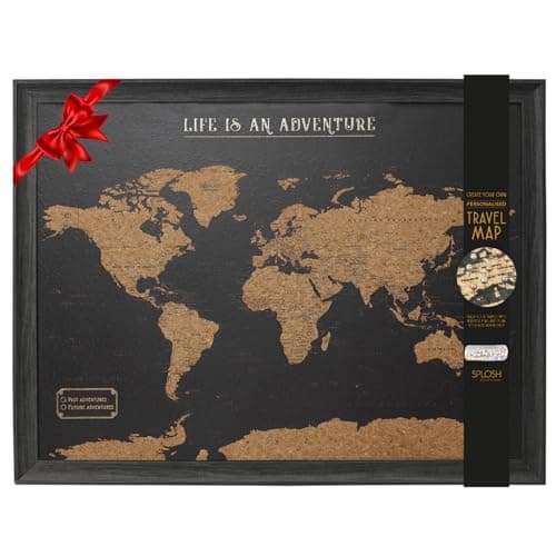 Image of Splosh Framed Travel Map - Black Small Wooden Pin Board with 100 Pins World Map Wallpaper UK Cork Board Wooden World Map for wall, World Map Cork Board Travel Gift. Mark your past & future adventures!