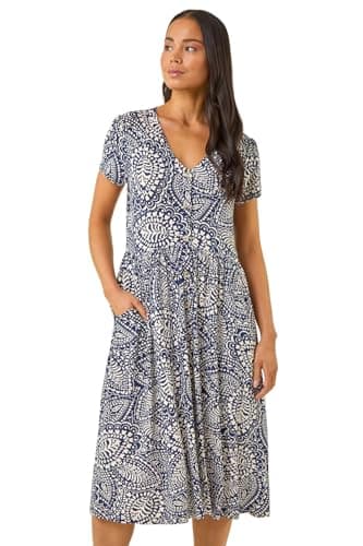 Image of Roman Originals Swing Tea Dress Women UK Ladies Skater Midi A Line Fit & Flare Summer Casual Smart Cocktail Party Going Out Work Cruise Button Through Long Pocket - Petite Abstract Navy - Size 14