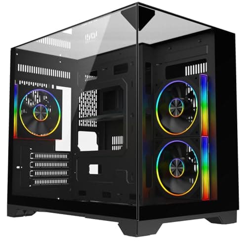 Image of Powercool Atom Dual-Chamber mATX Gaming PC Case – Triple Tempered Glass Panels – 3× CiT Saturn 120mm PWM ARGB Fans & 6-Port Hub with RF Remote – USB 3.0, 2×USB 2.0 - AIO Cooling Support | Black