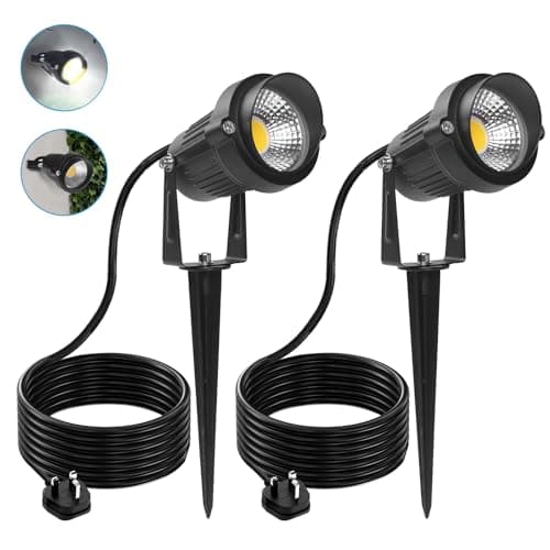 Image of LASONAS Garden Spotlights 5W LED Spike Lights Mains Powered with Photocell 3000K Warm White Pathway Lighting IP65 Waterproof Electric Garden Uplighter for Landscape Lawn Yard Trees