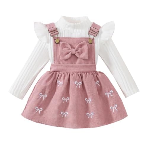 Image of QUNERY Toddler Baby Girl Clothes Long Sleeve Knit Ribbed Tops Bowknot Corduroy Suspender Skirt Dress Outfits Pink 12-18 Months