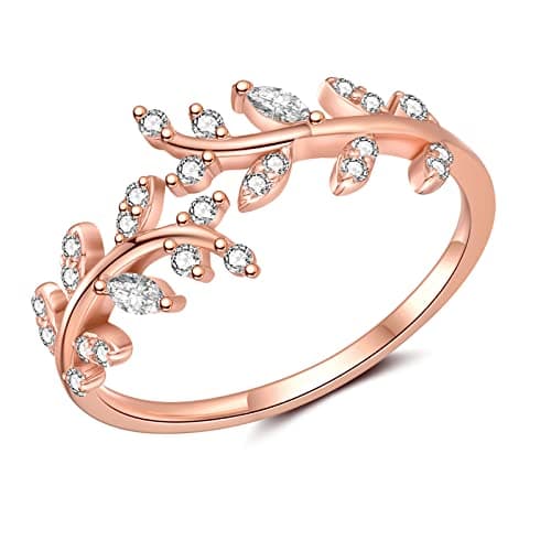 Image of Sterling Silver Rings for Women, 925 Rose Gold Open Adjustable Leaf Ring with Cubic Zirconia Jewelry Gift for Wedding Anniversary Birthday