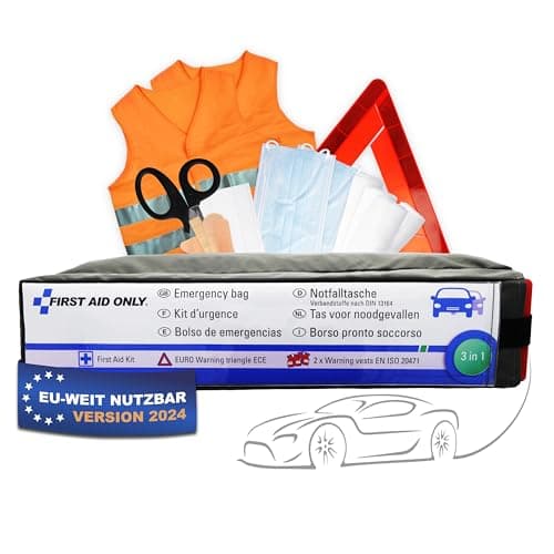 Image of First Aid Only 3-in-1 DIN 13164 Emergency kit for car/Vehicle, Euro Warning Triangle, 2 x EN ISO 20471:2013 Safety Vests, Grey, P-10021