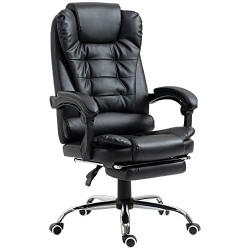 Image of HOMCOM Executive Office Chair, PU Leather Home Office Chair with Swivel Wheels, Reclining Backrest, Retractable Footrest, Black