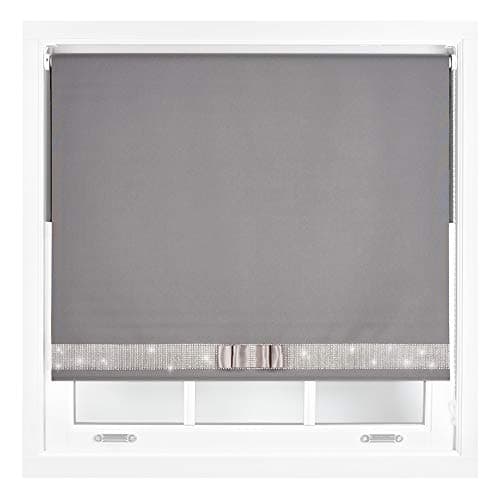 Image of FURNISHED Diamante Blackout Blinds with Bow - Decorative Diamond Sparkle Design Roller Blind Dark Grey Cut to Size Up to 90W x 165L cm