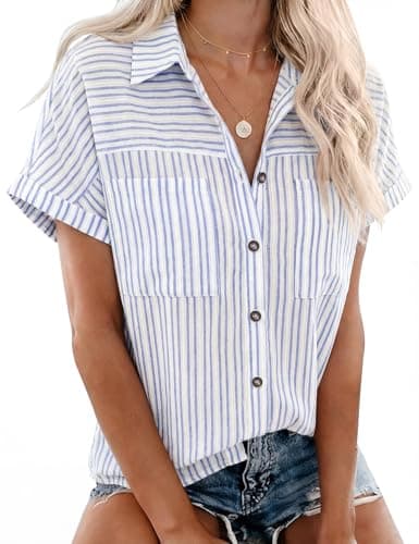 Image of Rapbin Blouses for Women Cotton Short Sleeve V Neck Collared Button Down Shirts Ladies Summer Casual Work Holiday Tops with Pockets(Blue Lace Stripes,L)