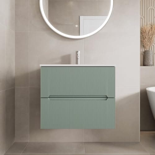 Image of Vitusso® 600mm Bathroom Cloakroom Vanity Unit Basin Sink Wall Hung Storage Furniture 1 Tap Hole White Basin Soft Close, Matt Green