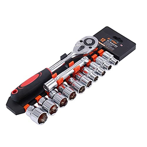 Image of KATSU 1/2 Inch Socket Set 12Pcs, 10-24mm Metric Drive with 24-Teeth Quick-Released Ratchet Wrench and 5" Extension Bar, High Grade Chrome Vanadium Steel, Auto Repairing Garage Tool 420343