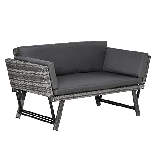 Image of Outsunny Rattan Garden Sofa Bed with Adjustable Armrests, 2-in-1 Convertible Couch Garden Daybed Lounger, Outdoor Folding Chaise Lounge Loveseat with Cushions for Porch, Patio, Mixed Grey