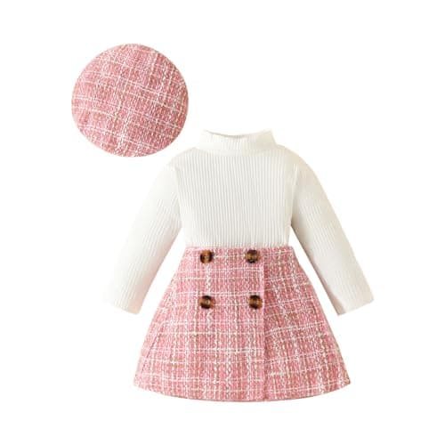 Image of Baby Girl Outfit Clothes Autumn High Necked Long Sleeve Ribbed Toddler Girl Clothing Pullover Top Plaid A Line Short Skirt Set Girl Dress (Pink, 9-12 Months)