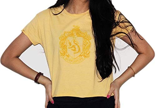 Image of Licensed Harry Potter Hufflepuff Women’s Crop T-Shirt – Yellow Graphic Tee with House Crest & “Just and Loyal” Quote | Official Hogwarts Apparel for Ladies & Girls (M)