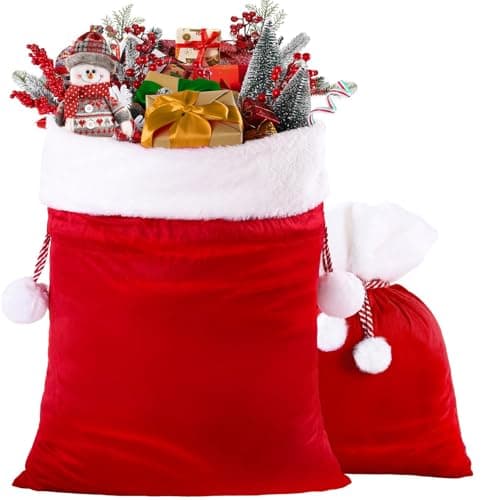 Image of JOLCEEY 2pcs Christmas Velvet Santa Bags, Xmas Large Red Santa Gift Bags Sack Xmas Present Wrapping Pouch with Drawstring for Christmas Party Indoor Decoration