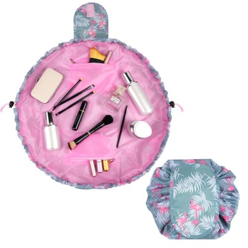 Image of URAQT Lay Flat Drawstring Makeup Bag, Large-Capacity Travel Cosmetic Pouch, Portable Quick Pack Lazy Make Up Bag for Daily Use, Magic Cosmetic Bag with Small Pocket