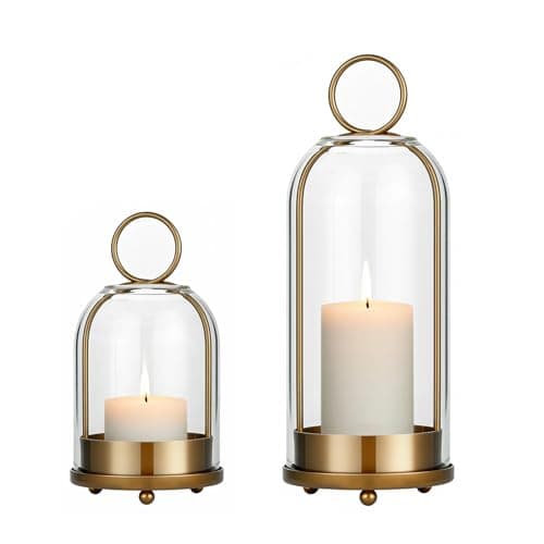 Image of 5"&4" Wide Candle Holders for Pillar Candle Hanging Lanterns Decorative Indoor, Hurricane Clear Glass Candle Stick Holder for Rustic Farmhouse Home Table Decor (Gold Style A)