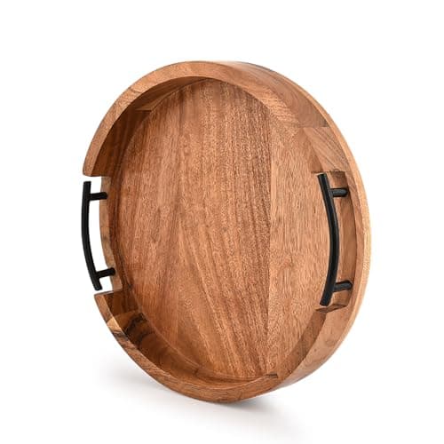 Image of Indus Lifespace Acacia Wood Tray Round Rustic Farmhouse Wooden Platter for Coffee Table, Ottoman, Drinks, Breakfast with 2 Black Iron Handles (12" X 12" X 1.6")