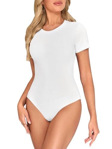 Image of Kefiyis Bodysuit Short Sleeves Bodysuits for Women UK Crew Neck Body Suits Casual Slimming Stretch Leotard Tops with Snap Closure Thong White L