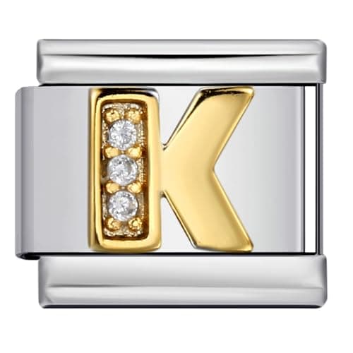 Image of Mon & Sons K Crystal 18k Letter Initial Name Tag Alphabet Personalised Birthday Silver Italian 9mm Link Stainless Steel Bracelet Charm Compatible With 9mm Link