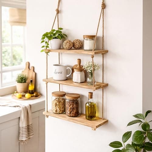 Image of Homezone® Modern Rectangular 3 Tier Wooden Rope Shelves - Rustic Vintage Shabby Chic Style Wall Mounted Floating Shelf - Decorative Hanging Shelves for Nursery, Kitchen, Bedroom, Living Room Decor