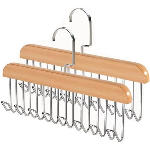 Image of Belt Hanger for Wardrobe, 2 Pack Belt Hanger Wooden, Belt Rack with 8 Hooks,360 Degree Rotating Tie Hanger, Space Saving Belt Holder, Cabinet Organiser, Storage for Scarves, Ties, Belts (Wood)