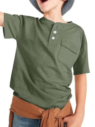 Image of Haloumoning Short Sleeve T-Shirt Boys Summer Henley Tee Basic Shirts Children's Tops with Pocket, Olive Green, 12-14 Years