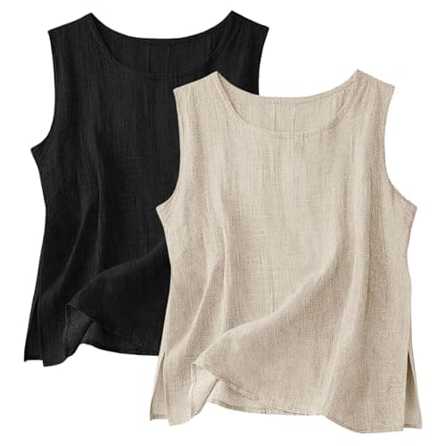 Image of 2 Pack Vest Cotton Linen Tank Tops for Women UK, Summer Sleeveless T-Shirt Crew Neck Lounge Vests Lightweight Breathable Cami Solid Color Plain Casual Tee Shirts Trendy Blouse Ladies Tank Tops