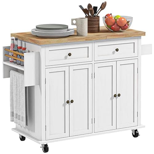 Image of HOMCOM Kitchen Island on Wheels, Rolling Kitchen Storage Trolley with Rubber Wood Top, Drawers, Adjustable Shelves, Towel and Spice Rack for Dining Room, White