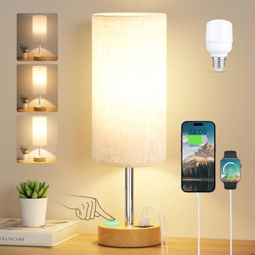 Image of Aooshine Bedside Lamps, Table Lamp for Living Room Bedroom, Touch Lamps Bedside with USB A+C Charging Ports, Dimmable Small Lamp with Fabric Shade for Kids Room, Study, Dorm, Office(Bulb Included)