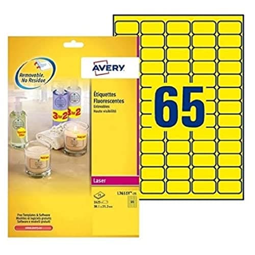 Image of Avery L7651Y-25 Printable, Customisable Removable Neon Yellow Labels, 65 Labels Per A4 Sheet, 21,2 x 38,1 mm
