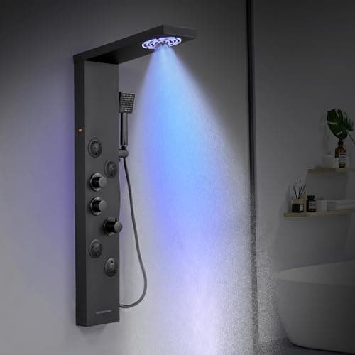 Image of KINKIBOS Thermostatic Shower Tower Panel System - 6 Modes Shower Column with LED Rain&Mist, 4 Massage Body Jets, Handset and Bath Spout, Stainless Steel, Matt Black