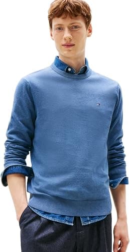 Image of Tommy Hilfiger Men’s Essential Cotton Round Neck Jumper, Blue (Petrol Blue Heather), XXL