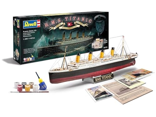 Image of Revell Gift Set 05715 R.M.S. Titanic 100th Anniversary 1:400 Scale Unbuilt Plastic Model Kit, Postcards, Brochure, Menu, Contacta Professional Glue, Paintbrush & Selected Aqua Color Paints